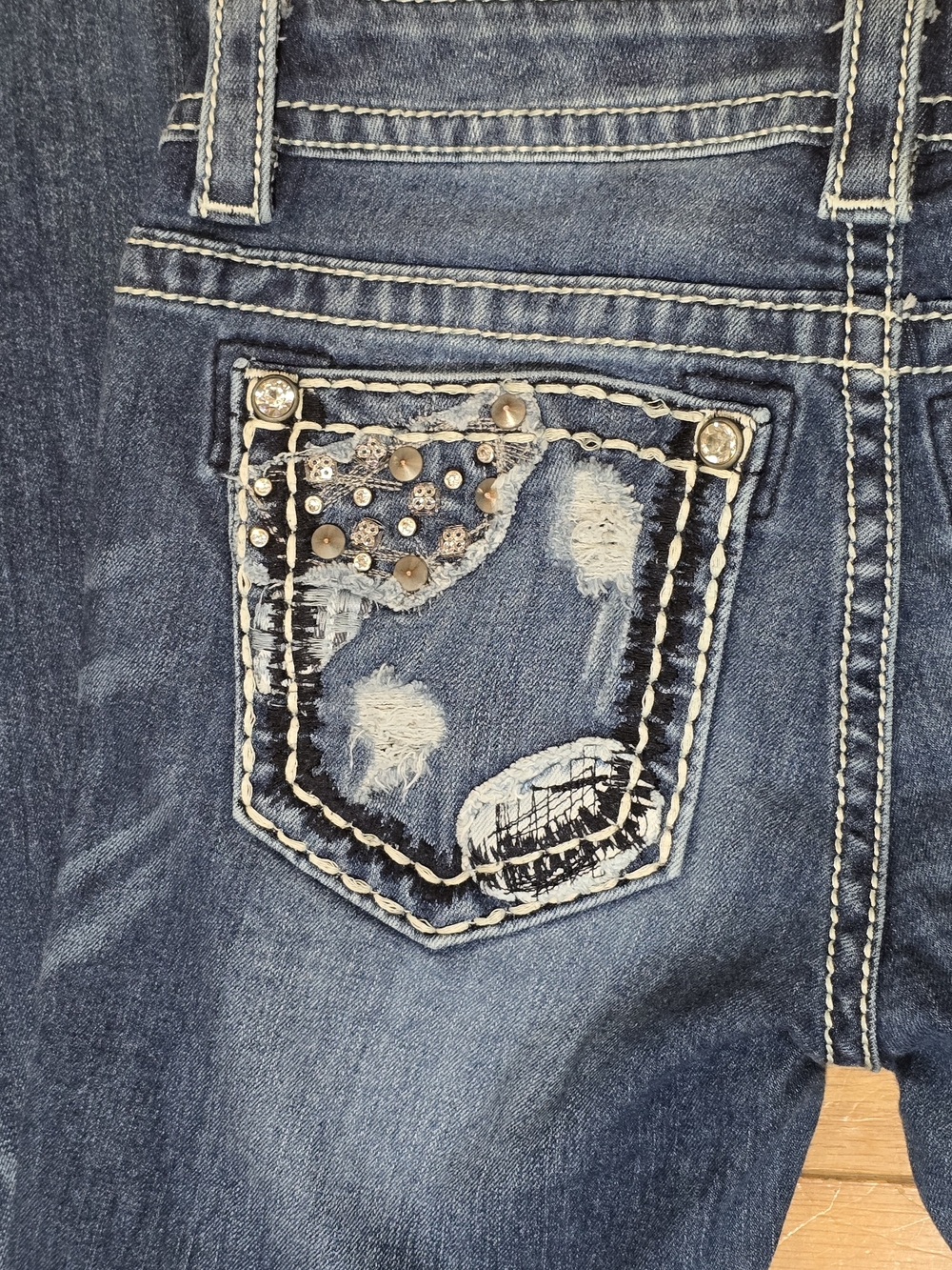 Miss Me Dark Blue Bootcut Jeans with Studded Front Pockets - Picture 7 of 7